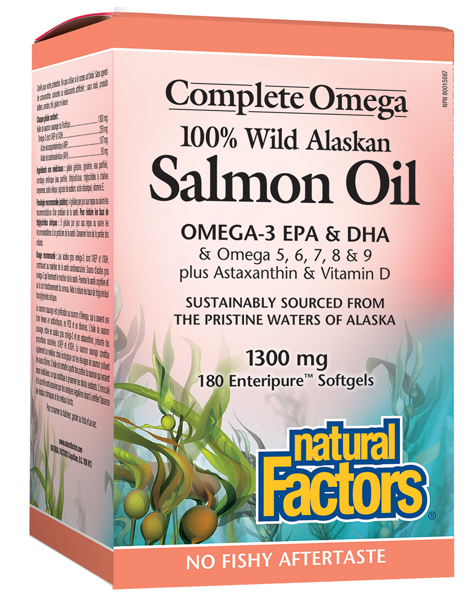 Natural Factors was the first Canadian company to offer whole, natural salmon oil from wild-caught Alaskan salmon, and has been doing so for over 25 years. Complete Omega 100% Wild Alaskan Salmon Oil provides the full spectrum of synergistic omega fatty acids, as well as naturally occurring astaxanthin and vitamin D. 
