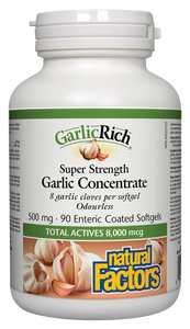 Clinical studies confirm that garlic preparations high in allicin reduce elevated blood pressure and cholesterol. Garlic also enhances immune function and supports respiratory health. Natural Factors GarlicRich is made from the whole bulb and guaranteed to be pesticide-free. 