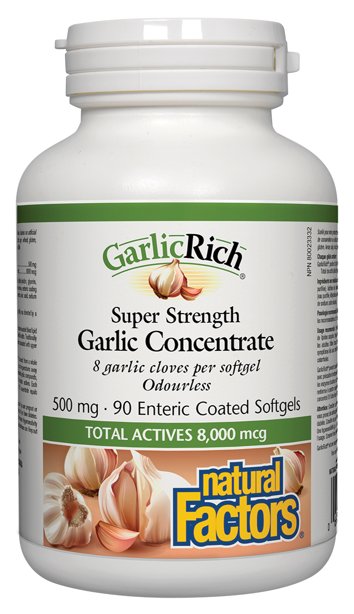 Clinical studies confirm that garlic preparations high in allicin reduce elevated blood pressure and cholesterol. Garlic also enhances immune function and supports respiratory health. Natural Factors GarlicRich is made from the whole bulb and guaranteed to be pesticide-free. 