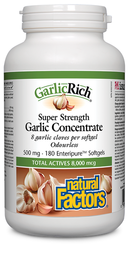 Natural Factors GarlicRich is made from the whole bulb and guaranteed to be pesticide-free. Garlic also enhances immune function and supports respiratory health.  Each odourless, enteric-coated softgel is equivalent to eight cloves of garlic. Clinical studies confirm that garlic preparations high in allicin reduce elevated blood pressure and cholesterol. 