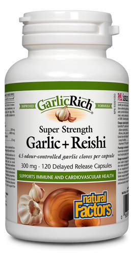 As used in herbal medicine, GarlicRich® Super Strength Garlic + Reishi from Natural Factors supports the immune system and to help maintain cardiovascular health courtesy of a 10:1 garlic concentrate and 30:1 organic reishi mushroom extract for adaptogenic support.