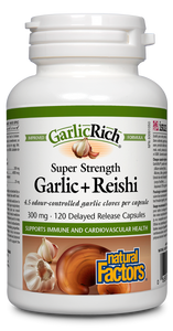 As used in herbal medicine, GarlicRich® Super Strength Garlic + Reishi from Natural Factors supports the immune system and to help maintain cardiovascular health courtesy of a 10:1 garlic concentrate and 30:1 organic reishi mushroom extract for adaptogenic support.