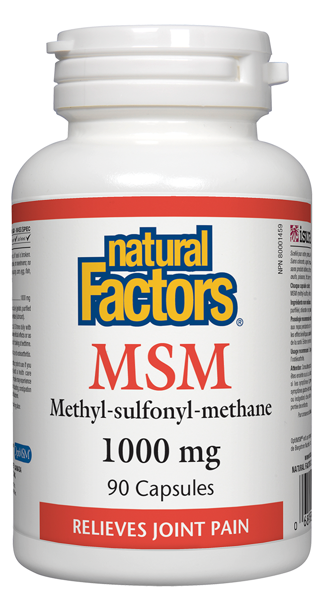 Methyl-sulfonyl-methane (MSM) relieves joint pain naturally by helping the body form healthy connective tissue in joints and muscles. It is also used to make the collagen needed for healthy skin, hair, and nails. Natural Factors MSM can help improve the comfort and mobility of people with osteoarthritis.