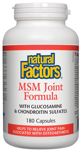 Natural Factors MSM Joint Formula contains MSM, glucosamine, and chondroitin sulphate for triple action joint health support.