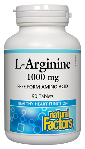 Natural Factors L-Arginine 1000 mg is a non-essential amino acid involved in protein synthesis. It may help support a modest improvement in exercise capacity in individuals with stable cardiovascular disease (CVD). As a free-form amino acid, L-arginine is easier for the body to absorb and use than when consumed from food. 