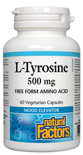 Load image into Gallery viewer, L-tyrosine is an amino acid which helps restore dopamine and norepinephrine, two neurotransmitters important for maintaining mood, and which become depleted by stress, including prolonged work or exercise, exposure to cold, and sleep deprivation. Supplementing with Natural Factors L-Tyrosine helps the body manage stress, and improve mood, energy levels, and alertness. 