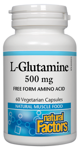 Natural Factors L-Glutamine enhances muscle recovery, energy, and immunity. As a free-form amino acid, it is more effective than the form obtained directly from food. Supplementing with L-glutamine helps restore levels lost during strenuous exercise and speed up recovery. It also improves digestive health and supports normal brain function. 