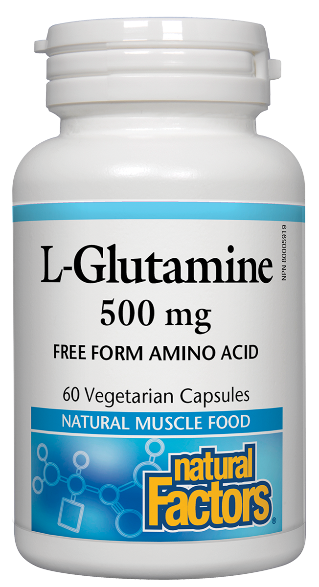 Natural Factors L-Glutamine enhances muscle recovery, energy, and immunity. As a free-form amino acid, it is more effective than the form obtained directly from food. Supplementing with L-glutamine helps restore levels lost during strenuous exercise and speed up recovery. It also improves digestive health and supports normal brain function. 