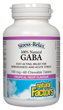 Load image into Gallery viewer, Fast-acting relief for nervousness and acute stress, Natural Factors Stress-Relax 100% Natural GABA is a superior source and naturally produced form of the important brain compound gamma-aminobutyric acid (GABA). Convenient chewable tablets in tropical fruit flavour help to quickly promote relaxation and ease nervous tension.