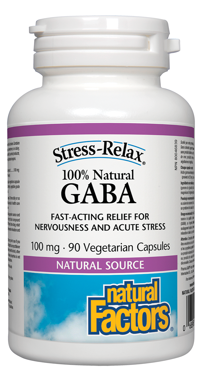Fast-acting relief for nervousness and acute stress, Natural Factors Stress-Relax 100% Natural GABA is a superior source and naturally produced form of the important brain compound gamma-aminobutyric acid (GABA). Convenient chewable tablets in tropical fruit flavour help to quickly promote relaxation and ease nervous tension.
