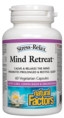 Stress-Relax Mind Retreat contains gamma-aminobutyric acid (GABA), lemon balm, magnesium, and vitamin B6, key nutrients that help cope with occasional stress. Mind Retreat promotes relaxation, reduces restlessness, and can be used as a sleep aid for periodic insomnia. It features clinically tested natural Pharma GABA™, shown to help calm a racing mind.