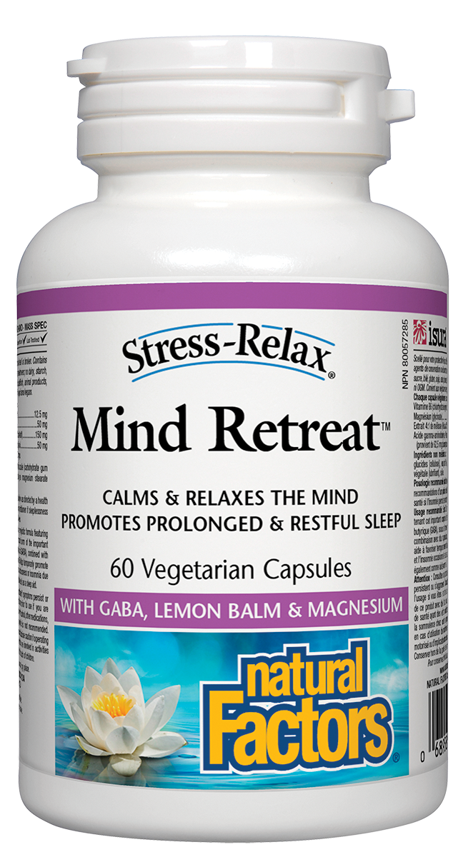 Stress-Relax Mind Retreat contains gamma-aminobutyric acid (GABA), lemon balm, magnesium, and vitamin B6, key nutrients that help cope with occasional stress. Mind Retreat promotes relaxation, reduces restlessness, and can be used as a sleep aid for periodic insomnia. It features clinically tested natural Pharma GABA™, shown to help calm a racing mind.