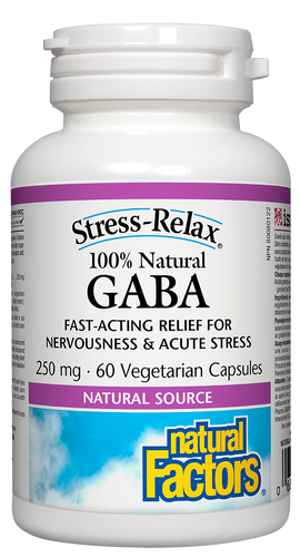 Stress-Relax 100% Natural GABA is a naturally sourced form of the important brain compound gamma-aminobutyric acid (GABA). This higher potency formula delivers 250 mg of Pharma GABA® per vegetarian capsule to quickly promote relaxation, reduce nervousness and stress, and restore mental calmness without causing drowsiness.
