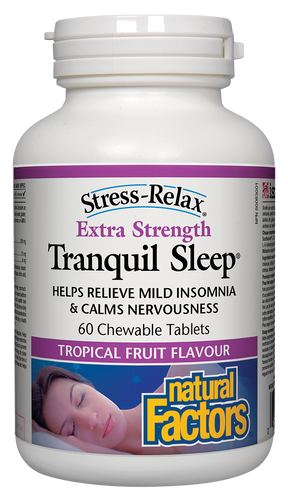 Stress-Relax Extra Strength Tranquil Sleep contains a synergistic combination of Suntheanine® L-theanine, 5-HTP, and melatonin to help you fall asleep quickly, sleep soundly, and wake up feeling refreshed. This higher potency formula comes in chewable tropical fruit flavoured tablets that improve relaxation and sleep quality in a safe, non-habit-forming way.