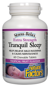 Stress-Relax Extra Strength Tranquil Sleep contains a synergistic combination of Suntheanine® L-theanine, 5-HTP, and melatonin to help you fall asleep quickly, sleep soundly, and wake up feeling refreshed. This higher potency formula comes in chewable tropical fruit flavoured tablets that improve relaxation and sleep quality in a safe, non-habit-forming way.