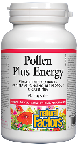 Natural Factors Pollen Plus Energy is a natural source of antioxidants, amino acids, vitamins, minerals, coenzymes, and fatty acids that improves mental and physical performance. It combines bee pollen with standardized extracts of bee propolis, Siberian ginseng, and green tea to enhance immunity and increase strength during times of recovery.