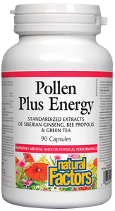 Natural Factors Pollen Plus Energy is a natural source of antioxidants, amino acids, vitamins, minerals, coenzymes, and fatty acids that improves mental and physical performance. It combines bee pollen with standardized extracts of bee propolis, Siberian ginseng, and green tea to enhance immunity and increase strength during times of recovery.