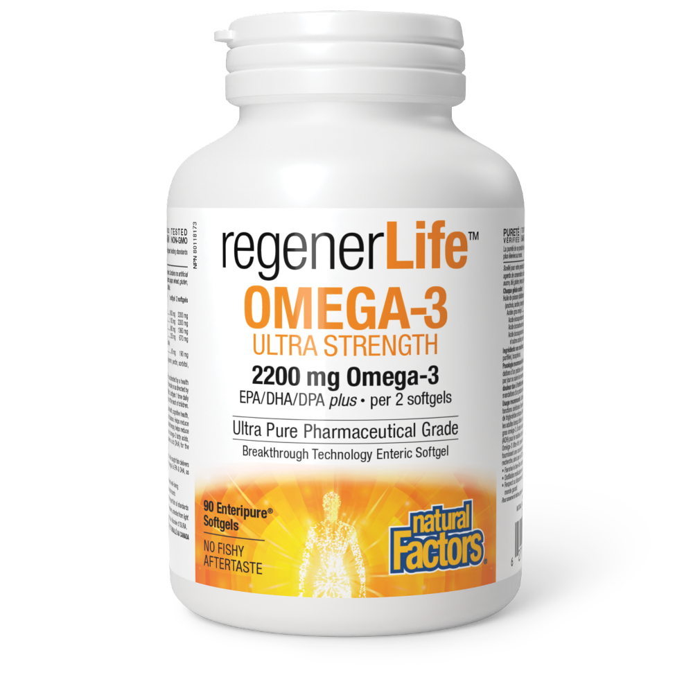 Natural Factors RegenerLife Omega-3 Ultra Strength is a high-potency, ultra-pure omega-3 that is free of contaminants and designed to support the brain and cardiovascular system, joint health, immune function, and mood. 