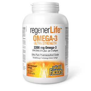 Natural Factors RegenerLife Omega-3 Ultra Strength is a high-potency, ultra-pure omega-3 that is free of contaminants and designed to support the brain and cardiovascular system, joint health, immune function, and mood. 