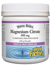 Load image into Gallery viewer, Stress-Relax Natural Factors Magnesium Citrate Powder is an effective way to meet the body’s daily magnesium requirements. Magnesium helps the body metabolize carbohydrates, fats, and proteins. It also helps in tissue formation, and helps maintain bones, teeth, and proper muscle function. Inadequate magnesium intake can heighten the symptoms of stress, including muscle tension and sleep disturbances.