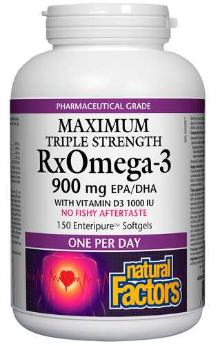 Natural Factors Maximum Triple Strength RxOmega-3 with Vitamin D3 is a high-potency form of omega-3 essential fatty acids in a convenient one-per-day softgel. Each dose provides an optimal 2:1 ratio of EPA to DHA that supports cardiovascular and cognitive health, brain function, and reduced symptoms of rheumatoid arthritis.