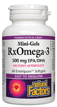 Load image into Gallery viewer, Many diets are lacking in omega-3s, healthy fats that repair cells, protect against heart disease, promote brain function and emotional health, and help fight inflammation. RxOmega-3 Mini-Gels from Natural Factors offer the quality omega-3s you need in an easy-to-swallow, Enteripure clear enteric softgel.