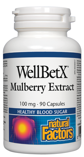 WellBetX Mulberry Extract from Natural Factors is a unique herbal extract designed to help balance and promote healthy blood sugar levels. One convenient capsule provides 100 mg of high potency white mulberry extract, standardized to contain the correct potency of key plant actives.