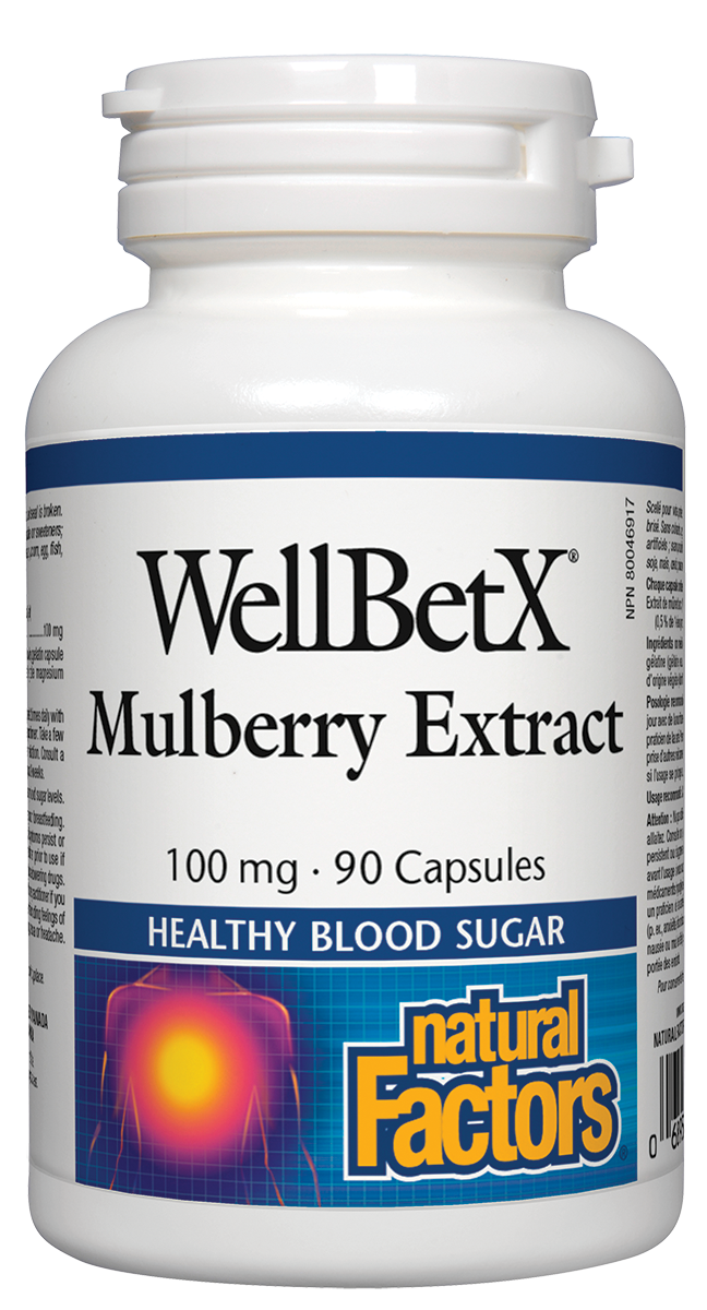 WellBetX Mulberry Extract from Natural Factors is a unique herbal extract designed to help balance and promote healthy blood sugar levels. One convenient capsule provides 100 mg of high potency white mulberry extract, standardized to contain the correct potency of key plant actives.