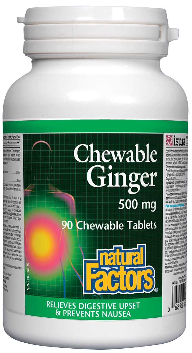 Ginger root is a traditional remedy for digestive upsets including lack of appetite, nausea, indigestion, and gas. Chewable Ginger by Natural Factors helps relieve nausea or vomiting related to motion sickness, pregnancy, or post-surgery while supporting digestive health.