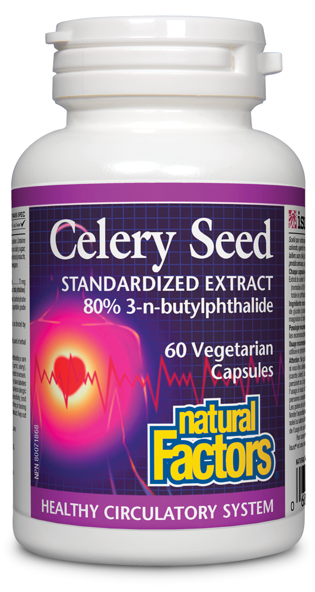 Natural Factors Celery Seed is traditionally used in herbal medicine as a diuretic and carminative, celery seed helps promote a healthy circulatory system by having a positive effect on blood pressure. 