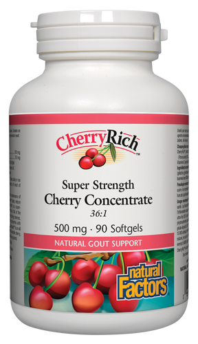 CherryRich Super Strength Cherry Concentrate is a natural gout support non-GMO, concentrate made from fresh whole Bing cherries, loaded with anthocyanins and other important phytonutrients. 