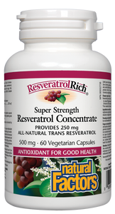Natural Factors ResveratrolRich Super Strength Resveratrol Concentrate is a high potency compound extracted from the skins of red grapes grown in the Okanagan Valley of British Columbia, and from purified Japanese knotweed. Super antioxidant resveratrol protects against free radical damage to promote healthy aging and overall good health.