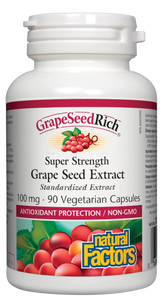 Natural Factors GrapeSeedRich is a non-GMO 100:1 standardized extract of grape seeds, guaranteed to contain a minimum of 95% polyphenols and 80% proanthocyanidins. It is a rich source of antioxidants that help the body fight free radical damage and inflammation, help strengthen blood vessels, and support night vision.