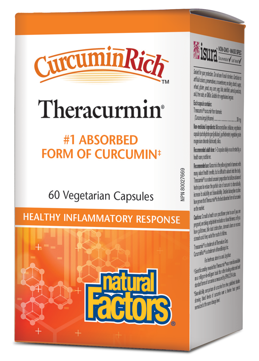 Curcumin, from the spice turmeric, has powerful anti-inflammatory, antioxidant, and antimicrobial properties that support neurological, cardiovascular, and joint health. Natural Factors CurcuminRich Theracurmin supports a healthy inflammatory response Helps prevent cognitive decline Reduces the risk factors for chronic degenerative diseases Improves joint function and reduces arthritic joint pain.