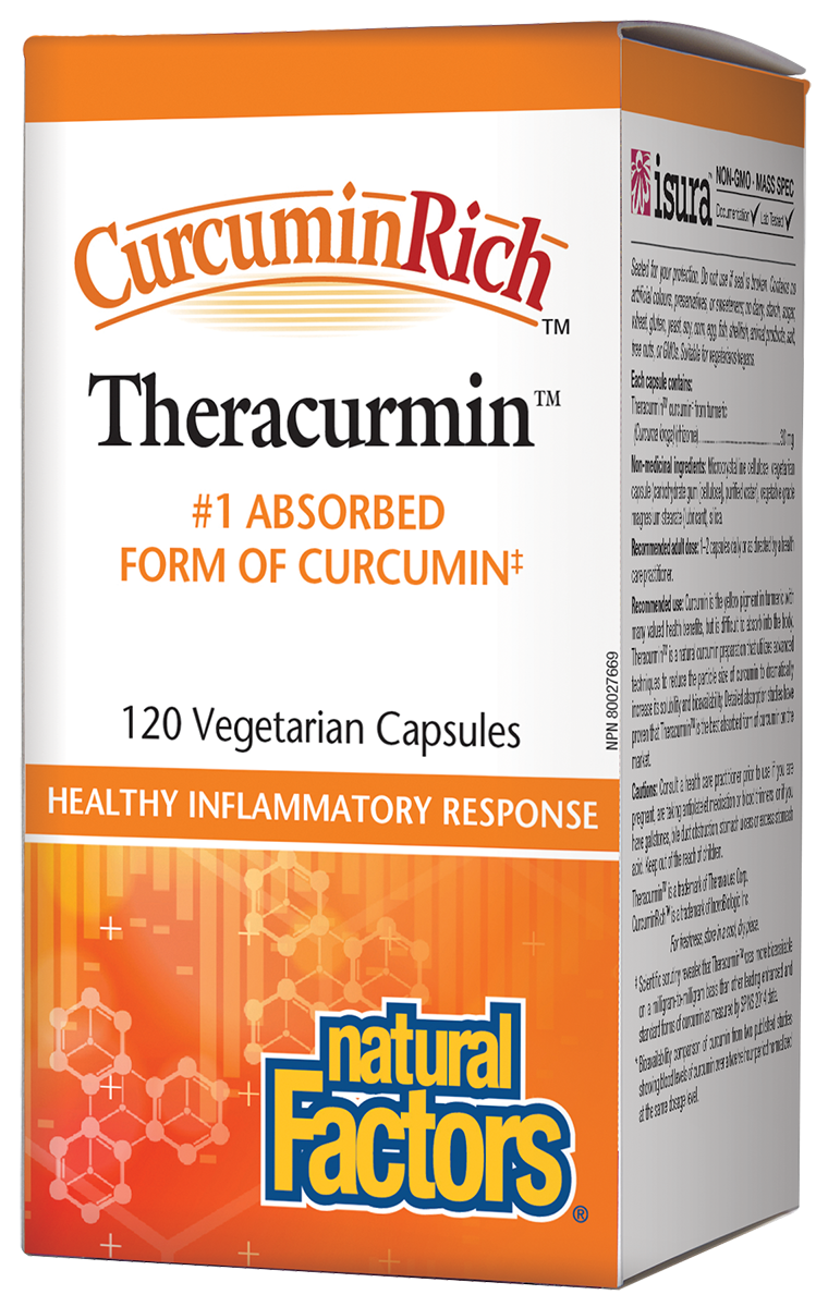 Curcumin, from the spice turmeric, has powerful anti-inflammatory, antioxidant, and antimicrobial properties that support neurological, cardiovascular, and joint health. Natural Factors CurcuminRich Theracurmin uses proprietary dispersion technology Supports a healthy inflammatory response Helps prevent cognitive decline.