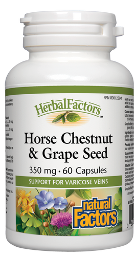 Horse Chestnut &Grape Seed formula combines two proven nutrients for vein health. Horse chestnut improves venous tone and blood flow, and inhibits enzymes that can weaken blood vessels, causing varicose veins and hemorrhoids. Antioxidant grape seed extract protects capillaries, veins and arteries from free radical damage.