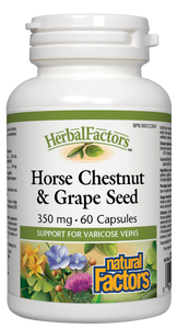 Horse Chestnut &Grape Seed formula combines two proven nutrients for vein health. Horse chestnut improves venous tone and blood flow, and inhibits enzymes that can weaken blood vessels, causing varicose veins and hemorrhoids. Antioxidant grape seed extract protects capillaries, veins and arteries from free radical damage.