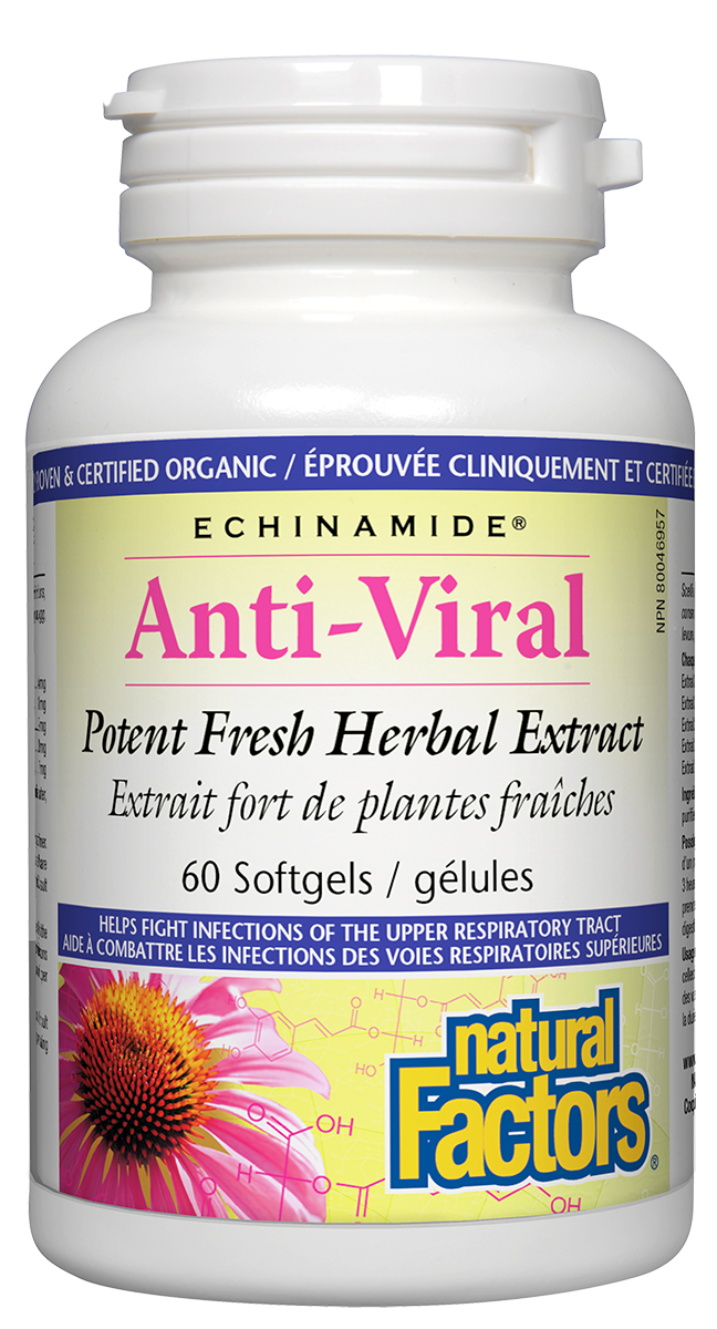 Natural Factors ECHINAMIDE Anti-Viral Potent Fresh Herbal Tincture harnesses the power of nature to help you fight viruses. A proprietary blend of clinically proven ECHINAMIDE with well-researched anti-viral herbs, this formula relieves symptoms and helps the immune system deliver a more potent viral-fighting punch.