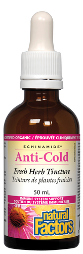 Natural Factors ECHINAMIDE® Anti-Cold Fresh Herb Tincture contains clinically proven and certified organic echinacea, used in herbal medicine to help fight off infections, especially of the upper respiratory tract. It has been shown to help relieve symptoms and shorten the duration of infections.