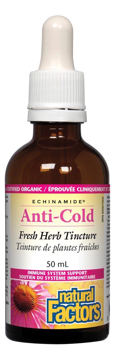 Natural Factors ECHINAMIDE® Anti-Cold Fresh Herb Tincture contains clinically proven and certified organic echinacea, used in herbal medicine to help fight off infections, especially of the upper respiratory tract. It has been shown to help relieve symptoms and shorten the duration of infections.