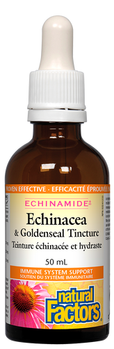Natural Factors ECHINAMIDE Anti-Cold Echinacea & Goldenseal Tincture is certified organic and clinically proven for relief of sore throats and coughs. This combination of British Columbia-grown echinacea flowers and roots with goldenseal roots work together to fight a broad spectrum of viruses, bacteria, fungi, and yeasts.