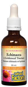 Natural Factors ECHINAMIDE Anti-Cold Echinacea & Goldenseal Tincture is certified organic and clinically proven for relief of sore throats and coughs. This combination of British Columbia-grown echinacea flowers and roots with goldenseal roots work together to fight a broad spectrum of viruses, bacteria, fungi, and yeasts.