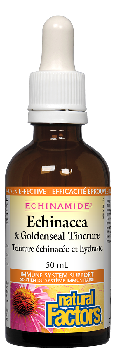 Natural Factors ECHINAMIDE Anti-Cold Echinacea & Goldenseal Tincture is certified organic and clinically proven for relief of sore throats and coughs. This combination of British Columbia-grown echinacea flowers and roots with goldenseal roots work together to fight a broad spectrum of viruses, bacteria, fungi, and yeasts.