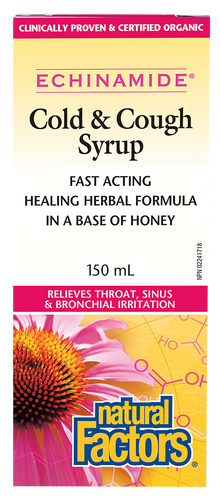 Natural Factors ECHINAMIDE Cold &Cough Syrup is a fast-acting, healing herbal formula in a base of honey. A powerfully effective, alcohol-free formula, the blend of herbs is designed to relieve throat, sinus, and bronchial irritation due to colds. 