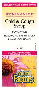 Natural Factors ECHINAMIDE Cold &Cough Syrup is a fast-acting, healing herbal formula in a base of honey. A powerfully effective, alcohol-free formula, the blend of herbs is designed to relieve throat, sinus, and bronchial irritation due to colds. 