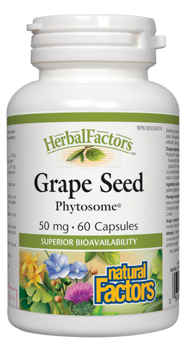 Herbal Factors Grape Seed Phytosome from Natural Factors offers superior bioavailability of exceptionally antioxidant-rich grape seed extract. The standardized formula guarantees high levels of proanthocyanidins to protect against free radicals to promote a healthy heart and circulatory system. Patented Phytosome process binds grape seed extract to phosphatidylcholine for easy absorption.