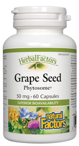 Herbal Factors Grape Seed Phytosome from Natural Factors offers superior bioavailability of exceptionally antioxidant-rich grape seed extract. The standardized formula guarantees high levels of proanthocyanidins to protect against free radicals to promote a healthy heart and circulatory system. Patented Phytosome process binds grape seed extract to phosphatidylcholine for easy absorption.