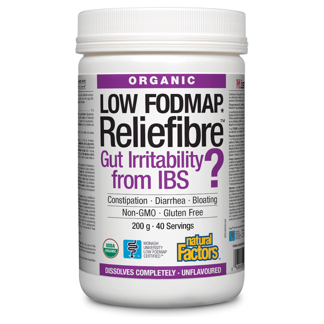 Relief for IBS and intestinal discomfort Reliefibre from Natural Factors provides a non-GMO, soluble dietary fibre to help improve bowel regularity and relieve minor symptoms associated with irritable bowel syndrome (IBS). Available in unflavoured and in delicious natural tropical flavour,
