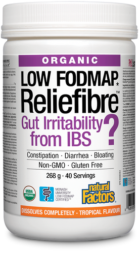 Reliefibre from Natural Factors provides a non-GMO, soluble dietary fibre to help improve bowel regularity and relieve minor symptoms associated with irritable bowel syndrome (IBS). Available in unflavoured and in delicious natural tropical flavour, 