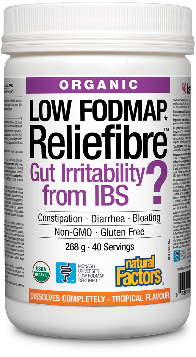 Reliefibre from Natural Factors provides a non-GMO, soluble dietary fibre to help improve bowel regularity and relieve minor symptoms associated with irritable bowel syndrome (IBS). Available in unflavoured and in delicious natural tropical flavour, 